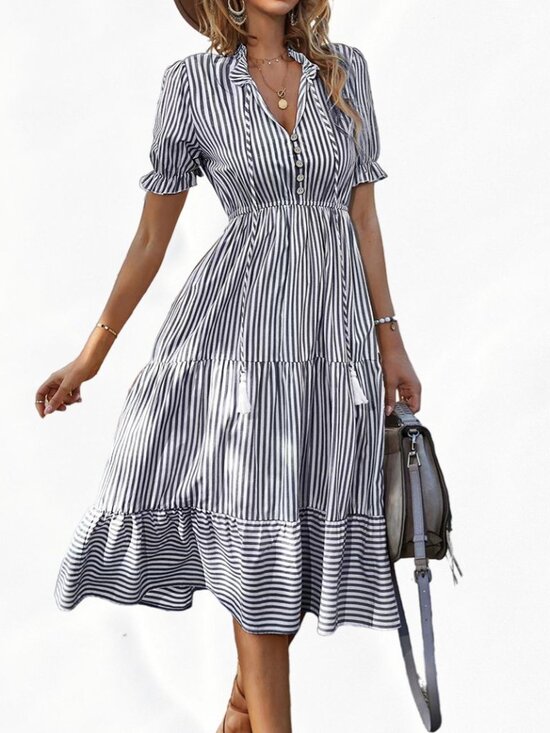 Dresses & Skirts - Women's Gray Striped V-Neck Puff-Sleeve Tiered Midi Dress